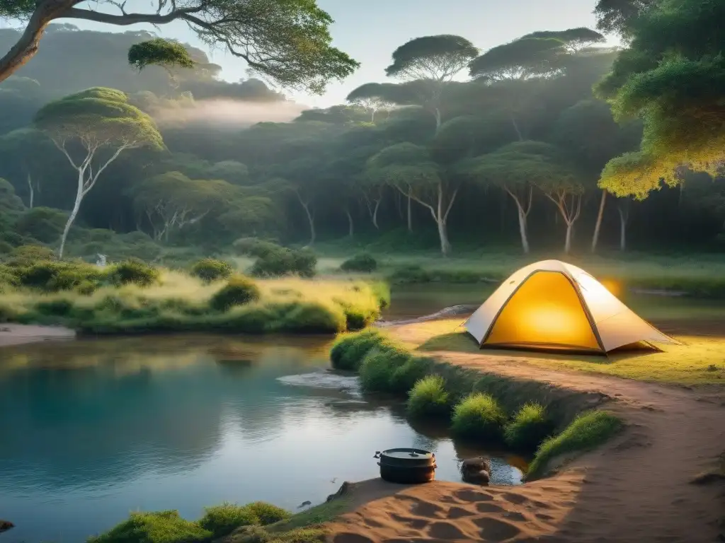 Campamento sereno en Uruguay: agua pura y tecnología Escena serena en campamento en Uruguay con filtración de agua, resaltando los mejores filtros agua camping Uruguay