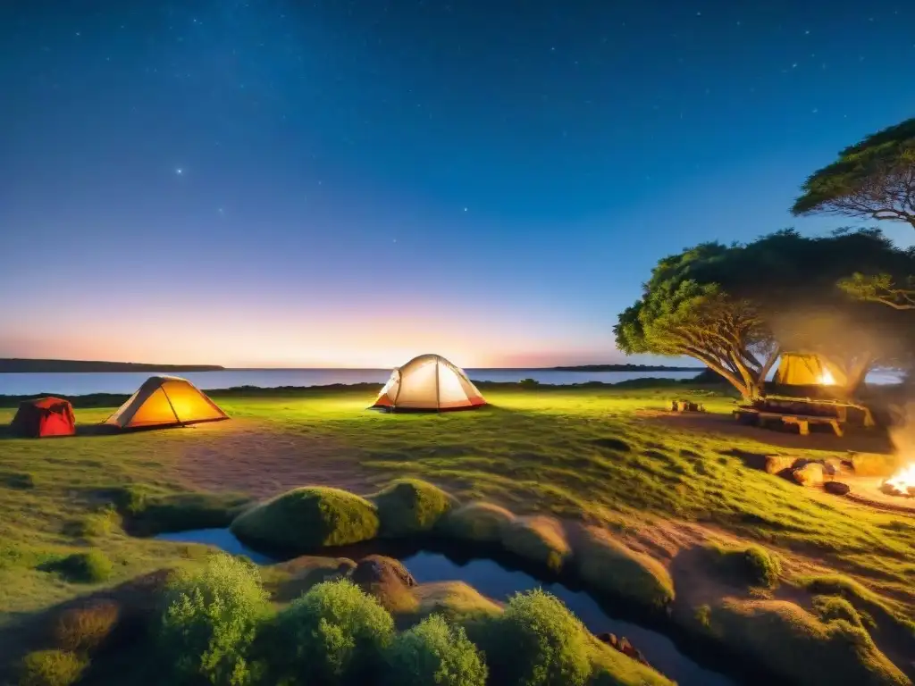 Camping sereno en Uruguay bajo las estrellas Escena serena de campamento en Uruguay con una tienda acogedora bajo un cielo estrellado y fogata brillante