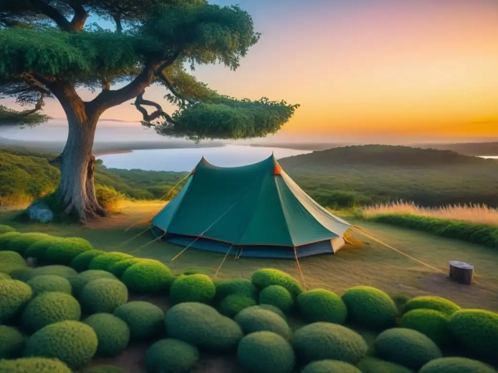Campamento mágico al atardecer en Uruguay: paz y naturaleza Escena serena de camping al atardecer en Uruguay, con una tienda iluminada y un lago tranquilo reflejando el cielo al atardecer