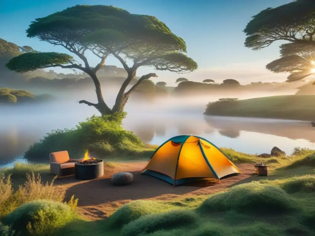 Camping sereno al amanecer en Uruguay Escena serena de camping al amanecer en Uruguay con una colorida tienda entre vegetación exuberante, río y fogata