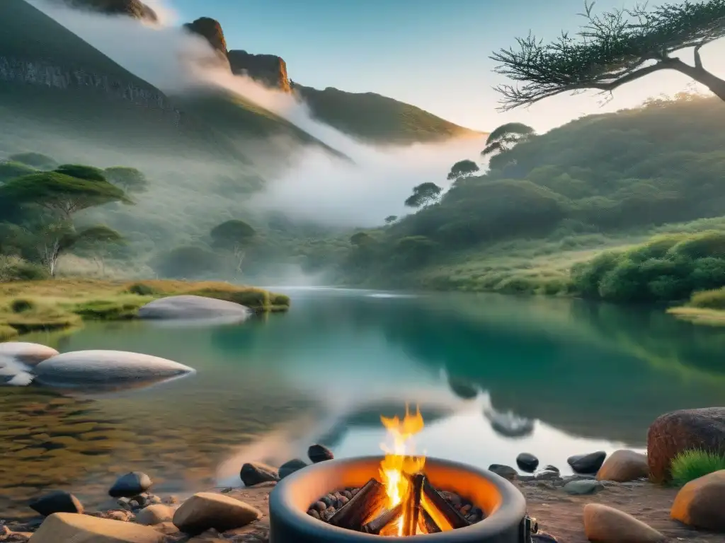 Camping en Uruguay: purificación de agua en la naturaleza Escena serena de camping en Uruguay con filtro de agua en uso, destacando los mejores filtros agua camping Uruguay