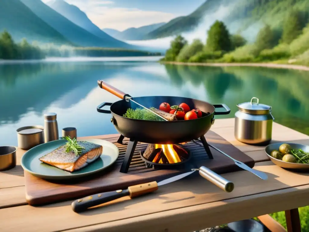 Escena de camping: parrilla junto al lago Escena serena de camping con parrilla sobre fuego abierto junto a un lago, transmitiendo expertise en pescado a la parrilla