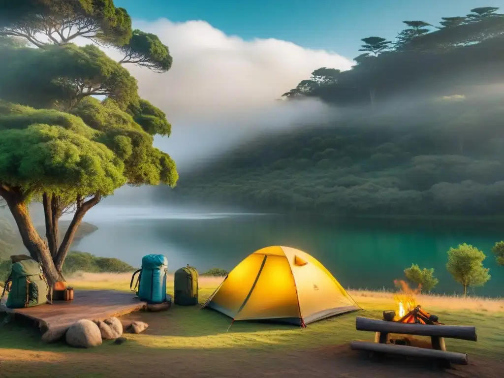 Camping en Uruguay: Aventura y Paz en la Naturaleza Escena serena de camping en Uruguay con tienda de colores, naturaleza exuberante y equipo de campamento