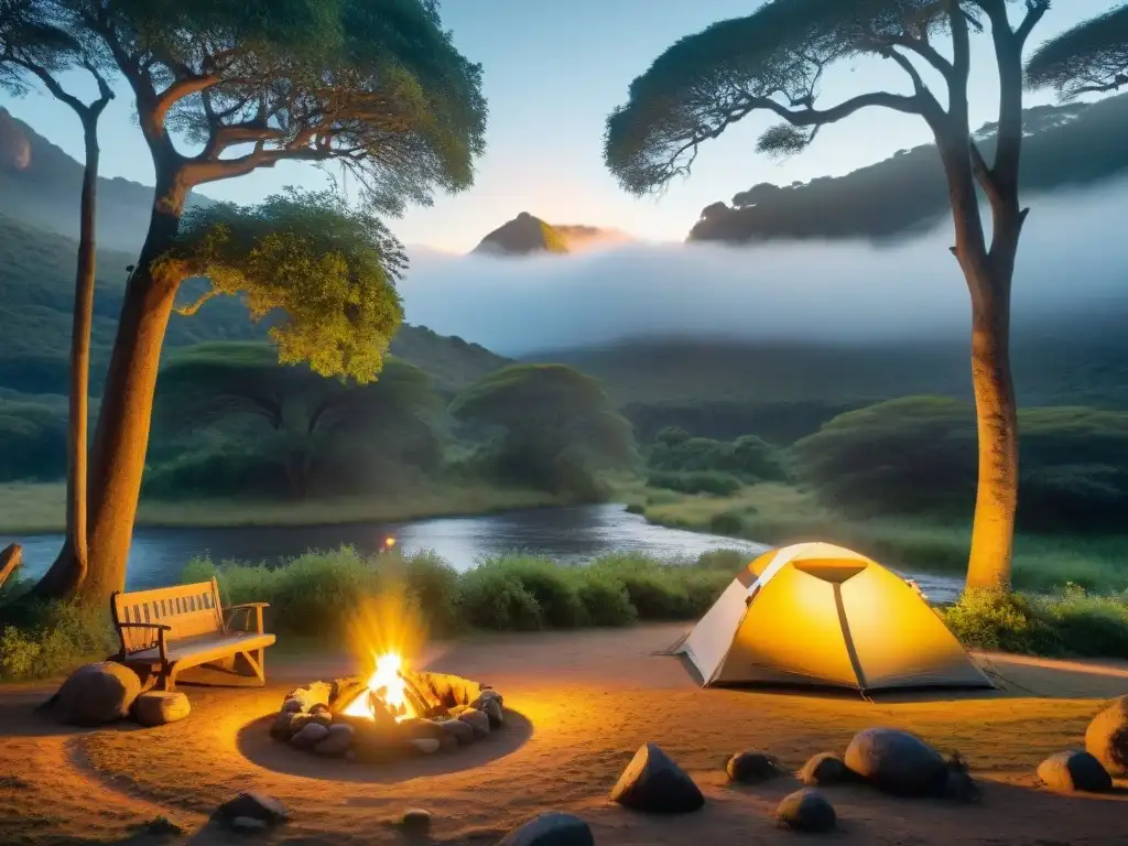 Campamento sereno en la naturaleza uruguaya Escena serena de acampar en Uruguay entre exuberante naturaleza