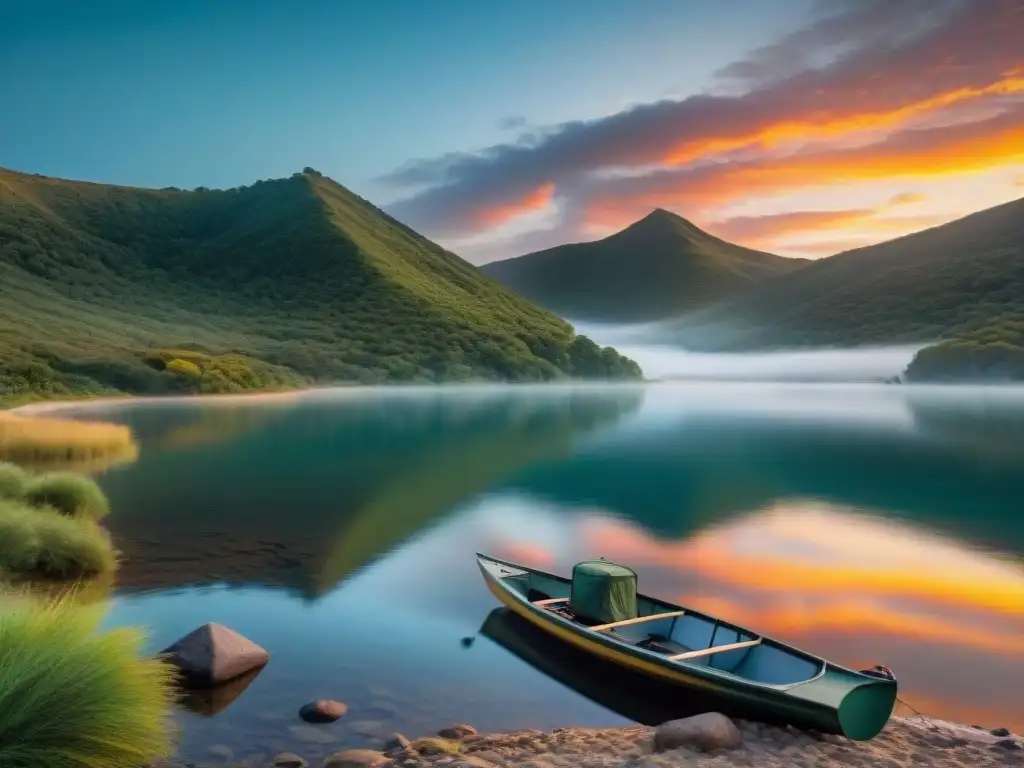 Paisaje sereno en Laguna Garzón al atardecer Escena serena en Laguna Garzón al atardecer con área de acampar junto al agua y caña de pescar
