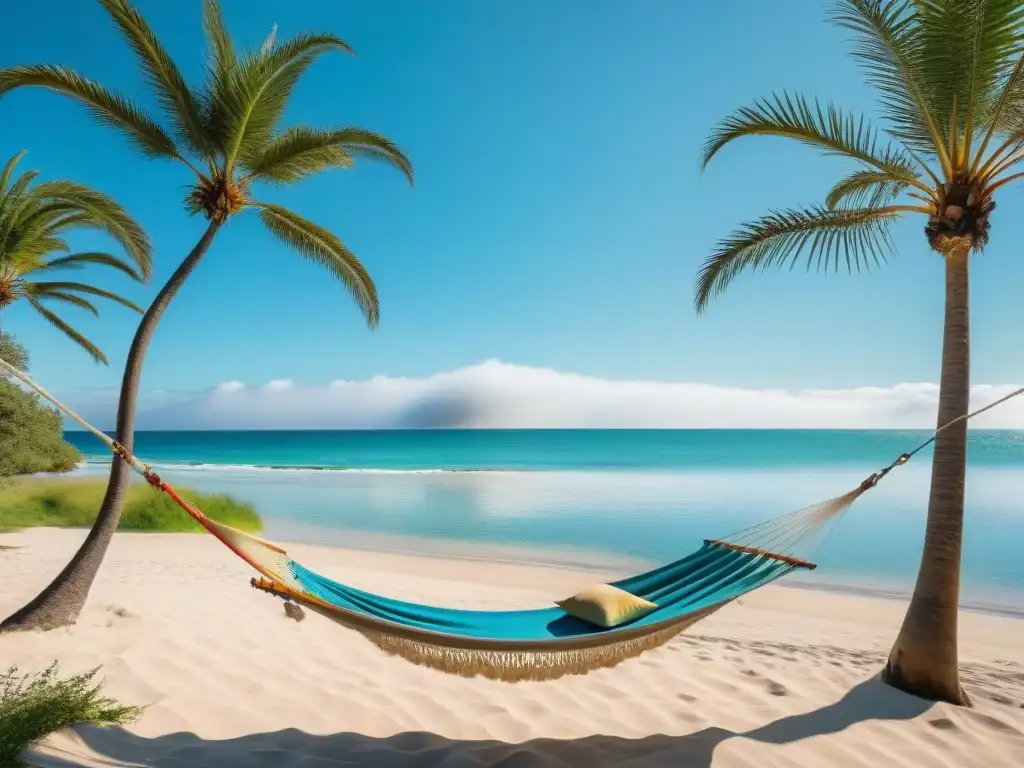 Paraíso de tranquilidad: Hamaca entre palmeras en playa uruguaya Escena serena en una playa de Uruguay, con hamaca entre palmeras