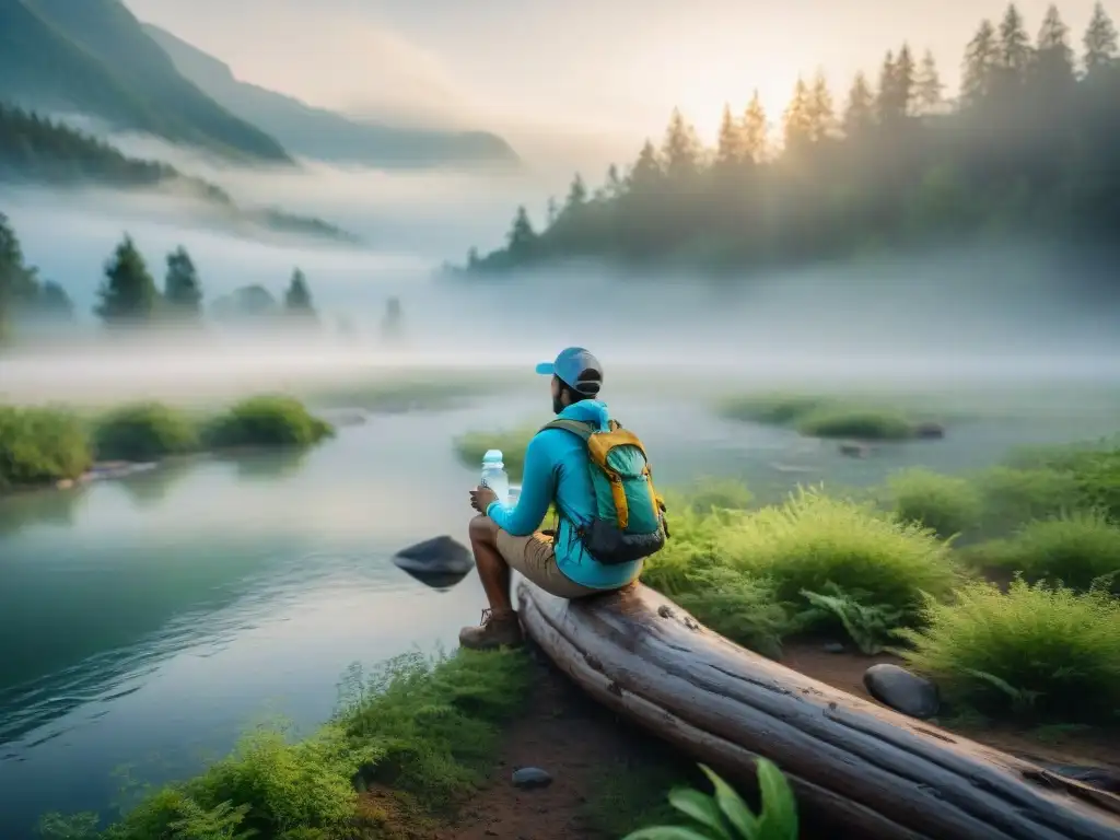 Escena de camping sostenible al amanecer en el bosque Escena tranquila de acampada al amanecer con conservación agua camping métodos eficientes