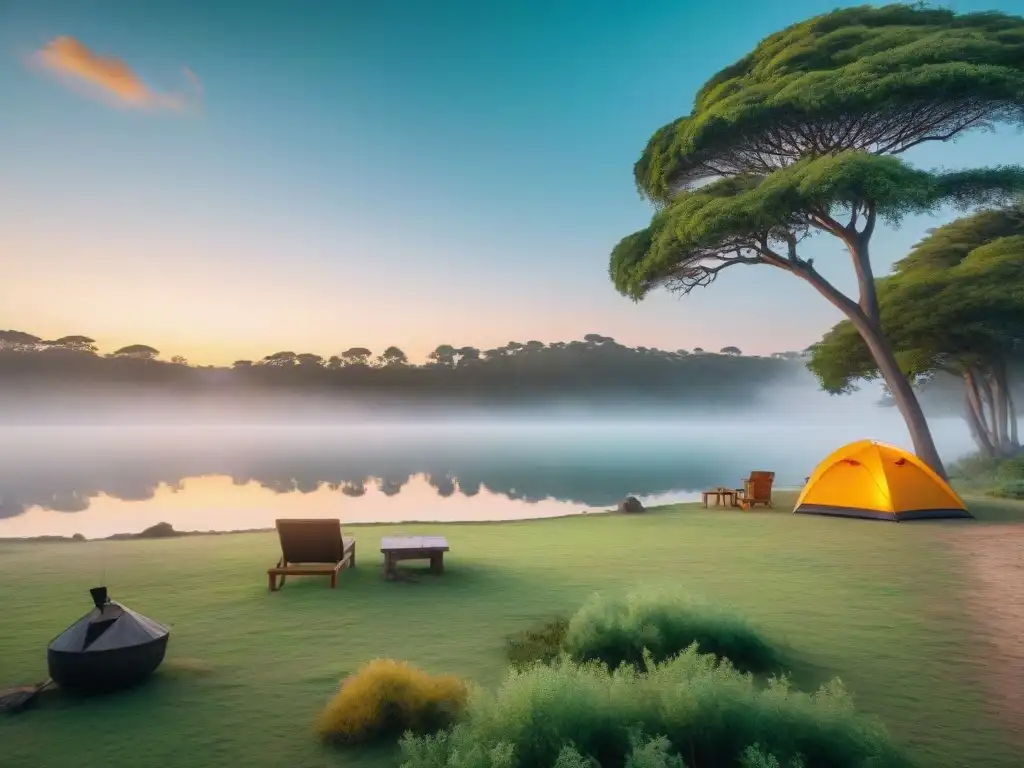 Campamento sereno junto al lago en Uruguay Escena tranquila de acampamento en Uruguay