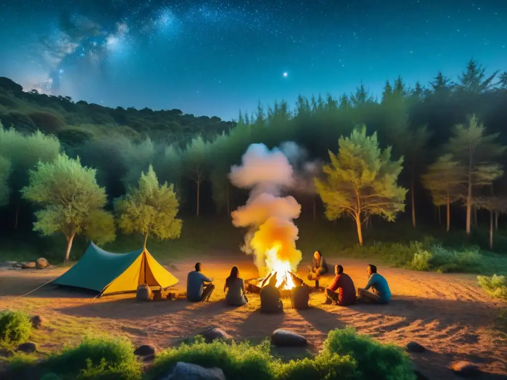 Campamento sostenible en Uruguay: armonía nocturna alrededor de la fogata Una escena tranquila de campamento sostenible en Uruguay: Economía circular