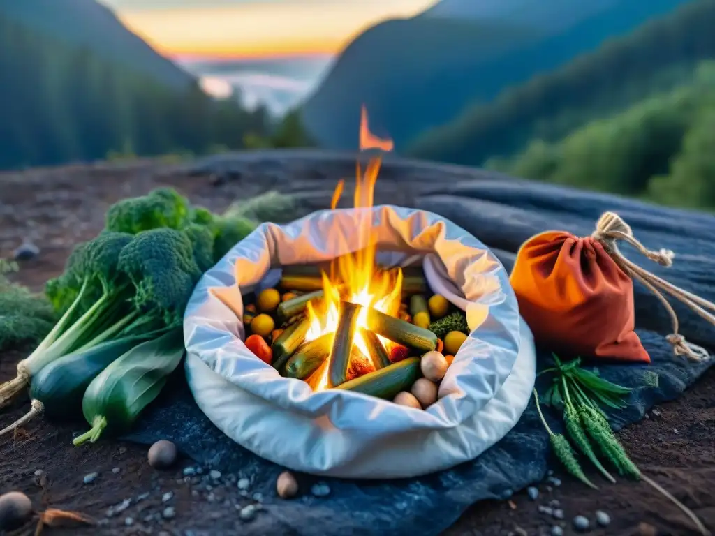 Campamento tranquilo: vegetales deshidratados listos para cocinar Escena tranquila en un campamento al anochecer con verduras deshidratadas listas para rehidratar