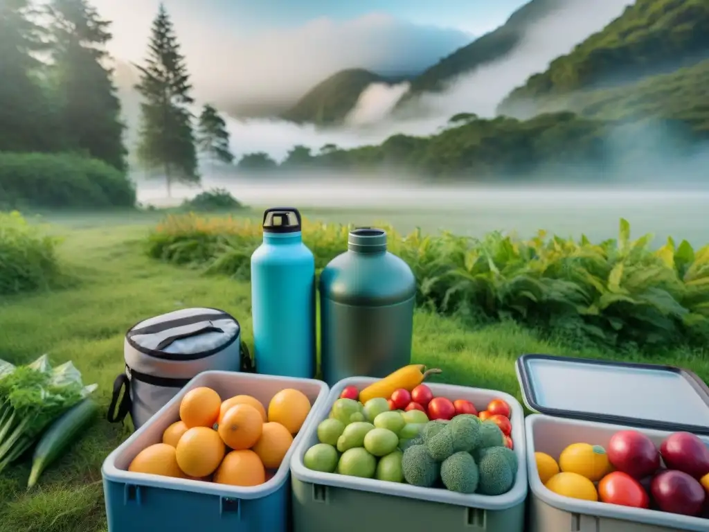 Escena vibrante: campamento diverso en Uruguay con nevera portátil Una escena vibrante de campamento en Uruguay con campistas alrededor de una nevera portátil, transmitiendo eficiencia en camping