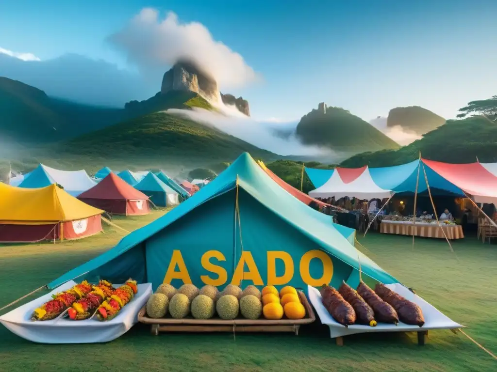 Vibrante festival gastronómico y de camping en Uruguay Escena vibrante de festivales gastronomía camping en Uruguay, con puestos coloridos y ambiente festivo bajo el cielo azul