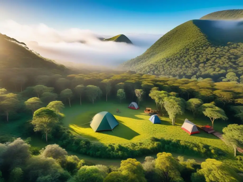 Campamento ecológico en bosque uruguayo: diversidad y sostenibilidad Un escenario de acampada ecológica en el corazón de un bosque uruguayo, con campistas realizando actividades sostenibles