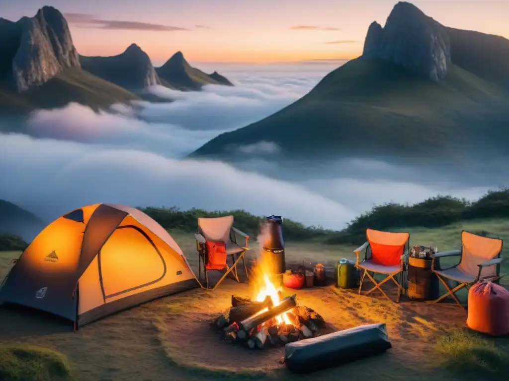 Camping en Uruguay: Sunset con fogata y nevera de picnic Un escenario de camping sereno en Uruguay al atardecer, con el mejor cooler portátil destacando junto a la fogata