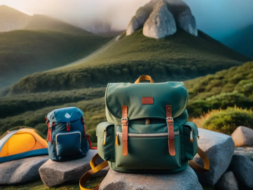 Explora Uruguay: Mochila técnica junto a fogata en paisaje majestuoso Un escenario impresionante en Uruguay: mochilas técnicas para camping en un paisaje montañoso y boscoso