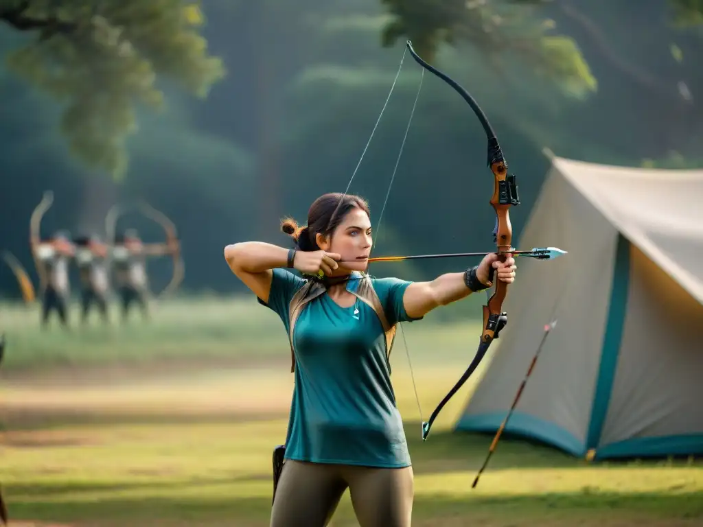 Arqueros expertos en acción en Uruguay Un escenario pintoresco en un camping de Uruguay, con arqueros practicando con intensa concentración