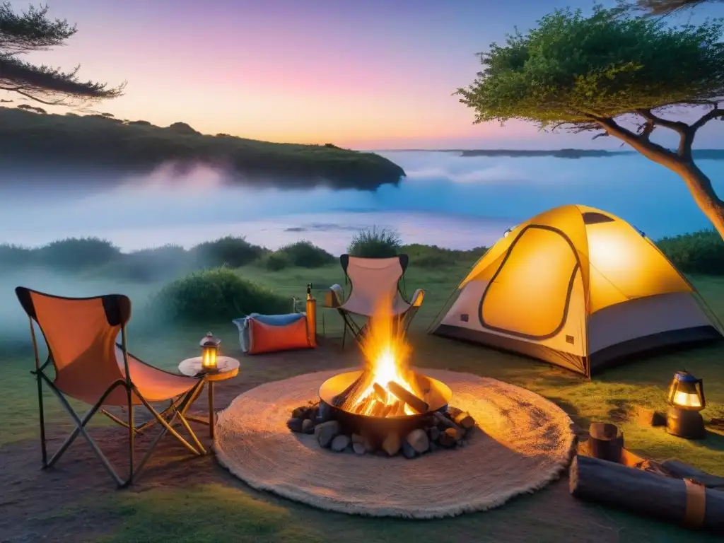 Campamento sereno al atardecer en Uruguay: mate, mapa y tranquilidad Un escenario sereno al atardecer en un campamento en Uruguay con sillas y mesas portátiles camping, mate y mapas