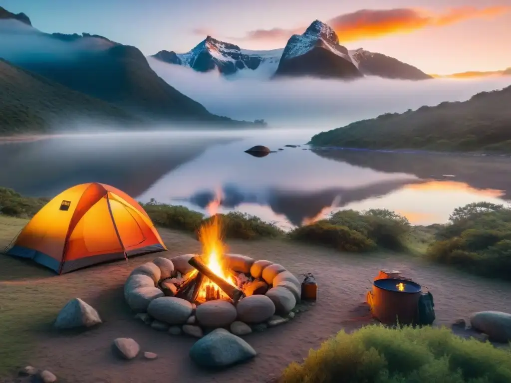 Paisaje de camping al atardecer junto a un río sereno en Uruguay Un escenario sereno al atardecer en un río, con un vibrante atardecer reflejado en las aguas tranquilas