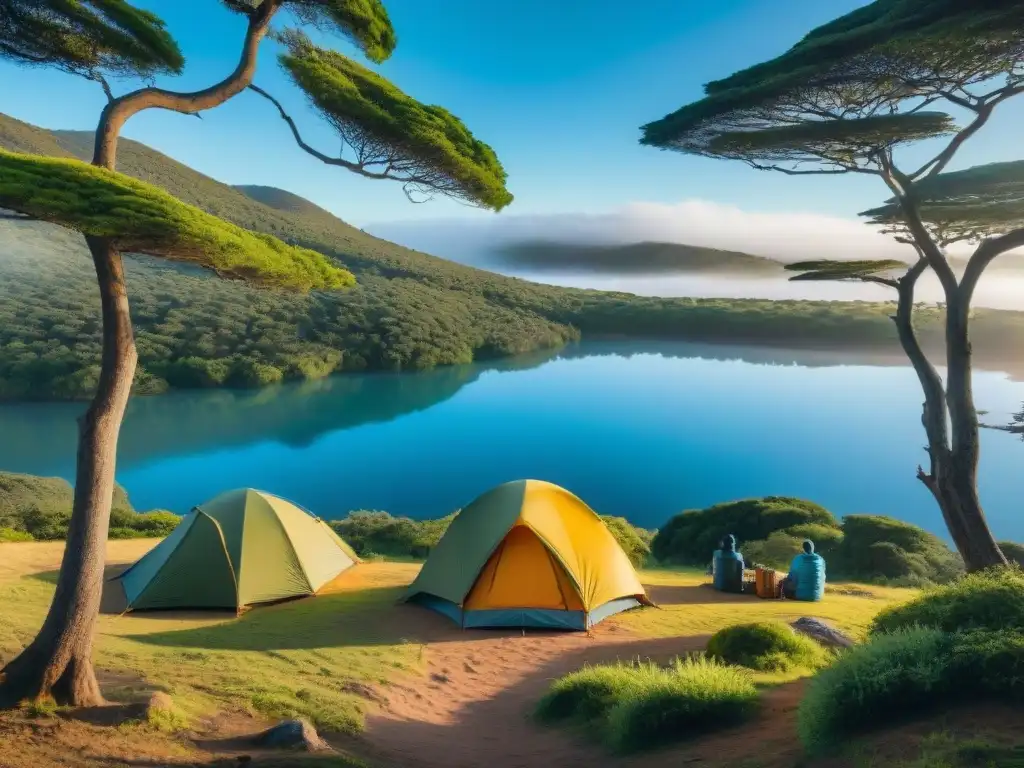 Campamento verde en Uruguay: diversión y naturaleza Un escenario sereno en un camping de Uruguay con tiendas coloridas entre árboles altos y un arroyo