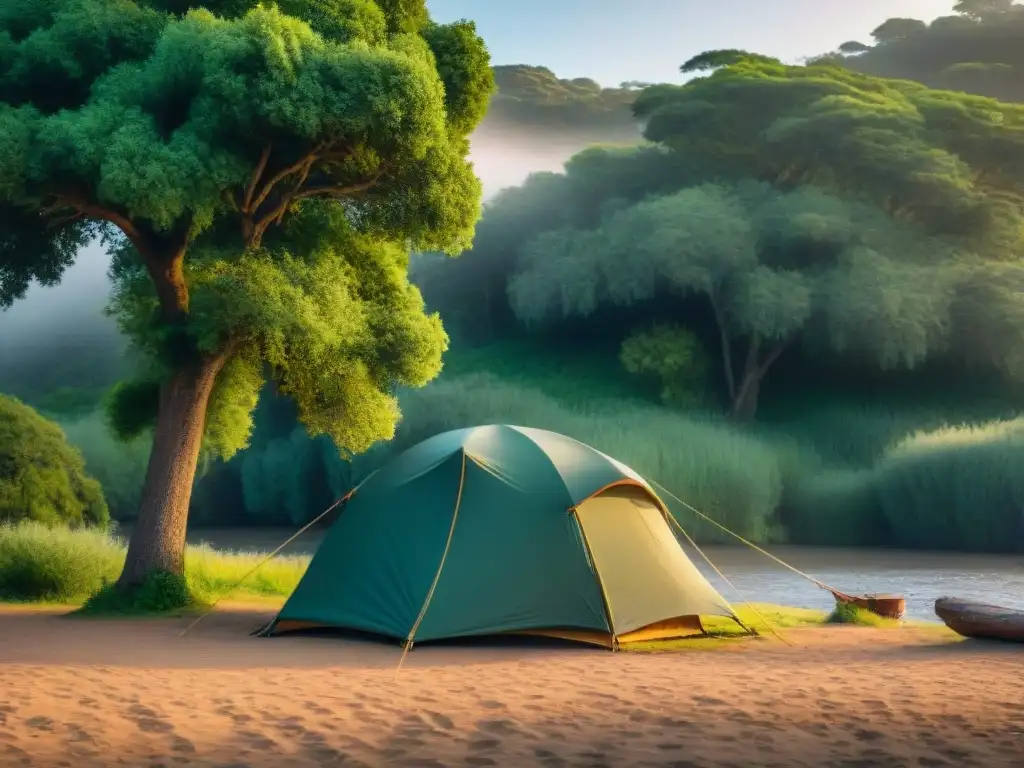 Campamento escondido en Uruguay: paraíso natural a orillas del río Un rincón escondido de camping económico en Uruguay: un tranquilo campamento junto al río al atardecer