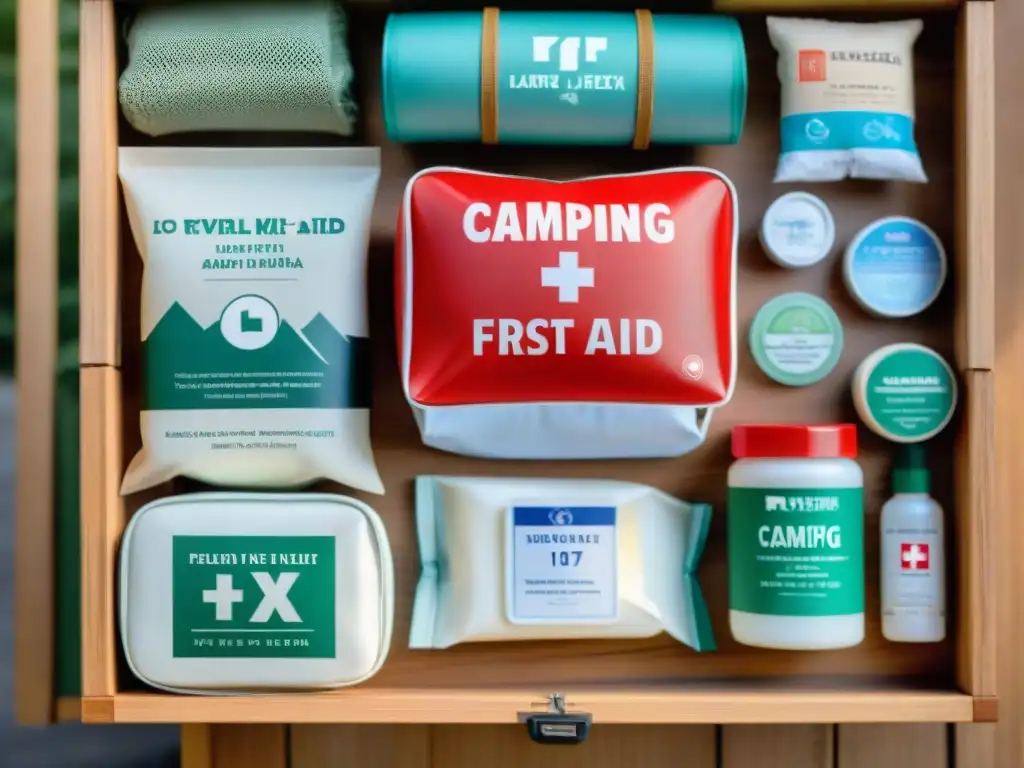 Kit de primeros auxilios para camping en Uruguay Botiquín camping Uruguay esencial: kit organizado con suministros médicos en mesa de madera, iluminación natural