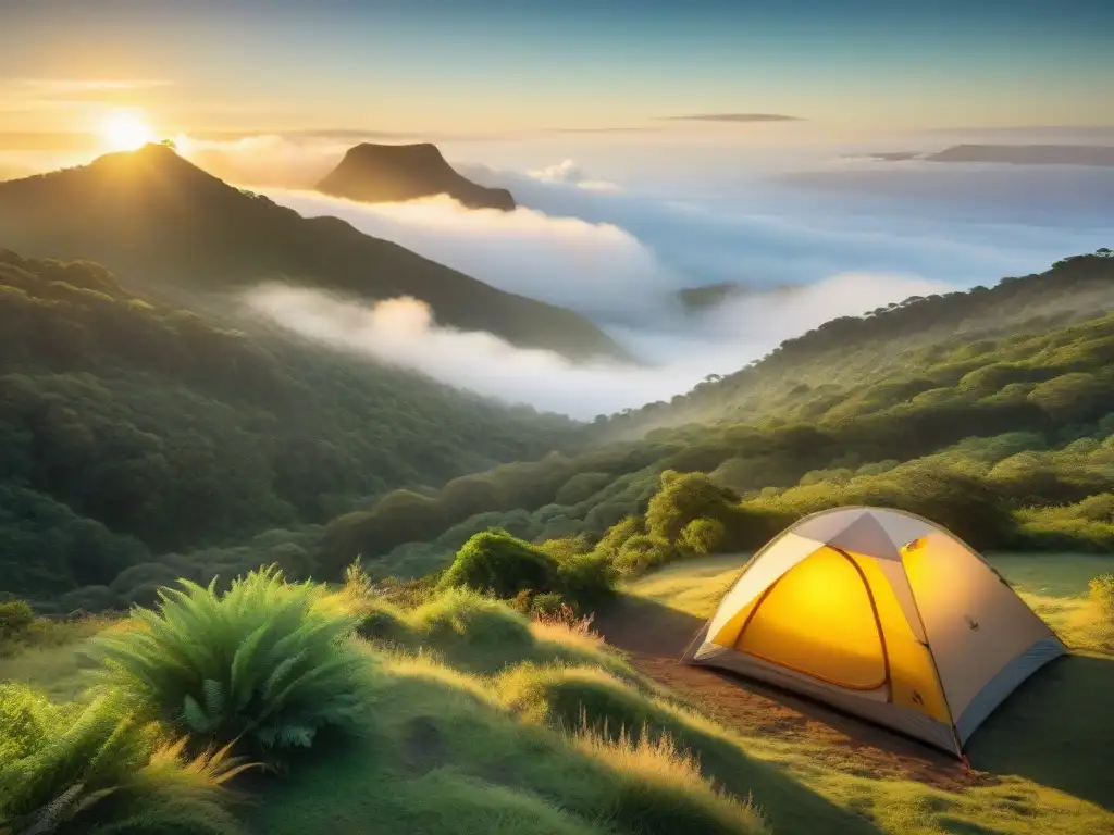 Esencia de camping en Cerro Verde: Amanecer mágico entre valles verdes Espectacular amanecer sobre los valles verdes de Cerro Verde en Uruguay, creando una atmósfera serena de camping en la naturaleza