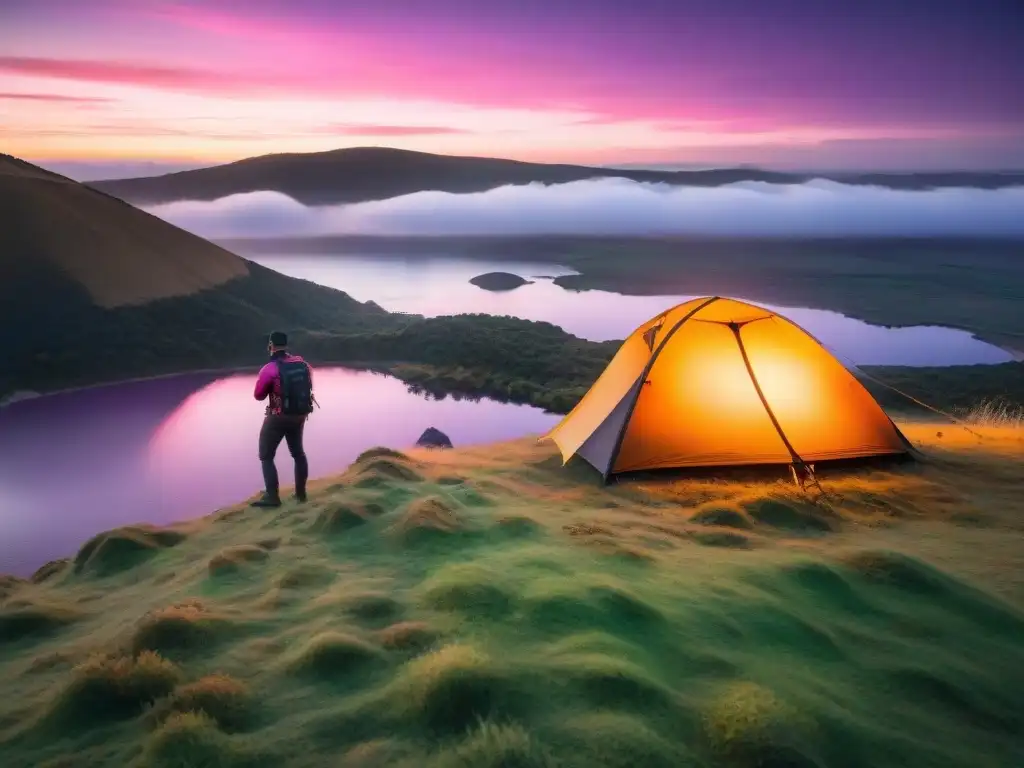 Puesta de sol colorida en Uruguay: fotógrafo captura la belleza natural Espectacular atardecer sobre colinas de Uruguay, con tienda de campaña y fotógrafo