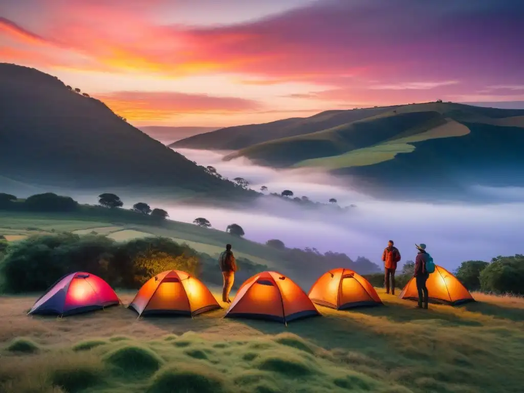 Atardecer en Uruguay: campamento bajo un cielo de fuego Espectacular atardecer sobre las colinas de Uruguay, campistas armando tiendas