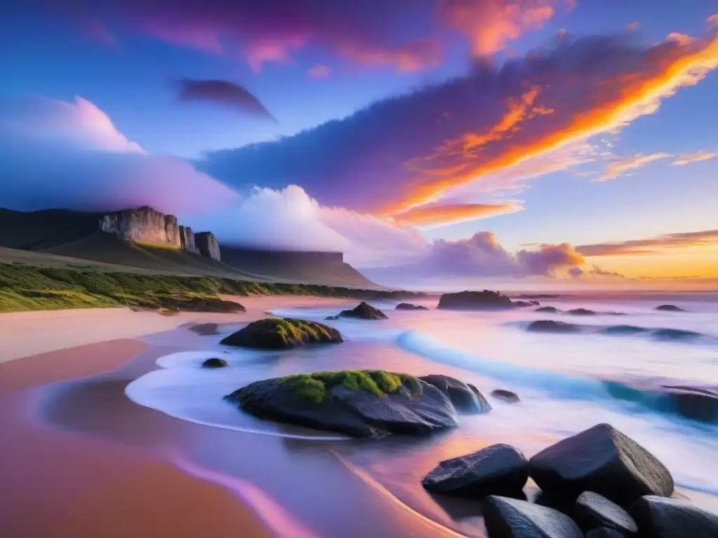 Puesta de sol vibrante en la costa de Uruguay Espectacular atardecer en la costa de Uruguay con colores vibrantes, fauna silvestre y nubes dramáticas