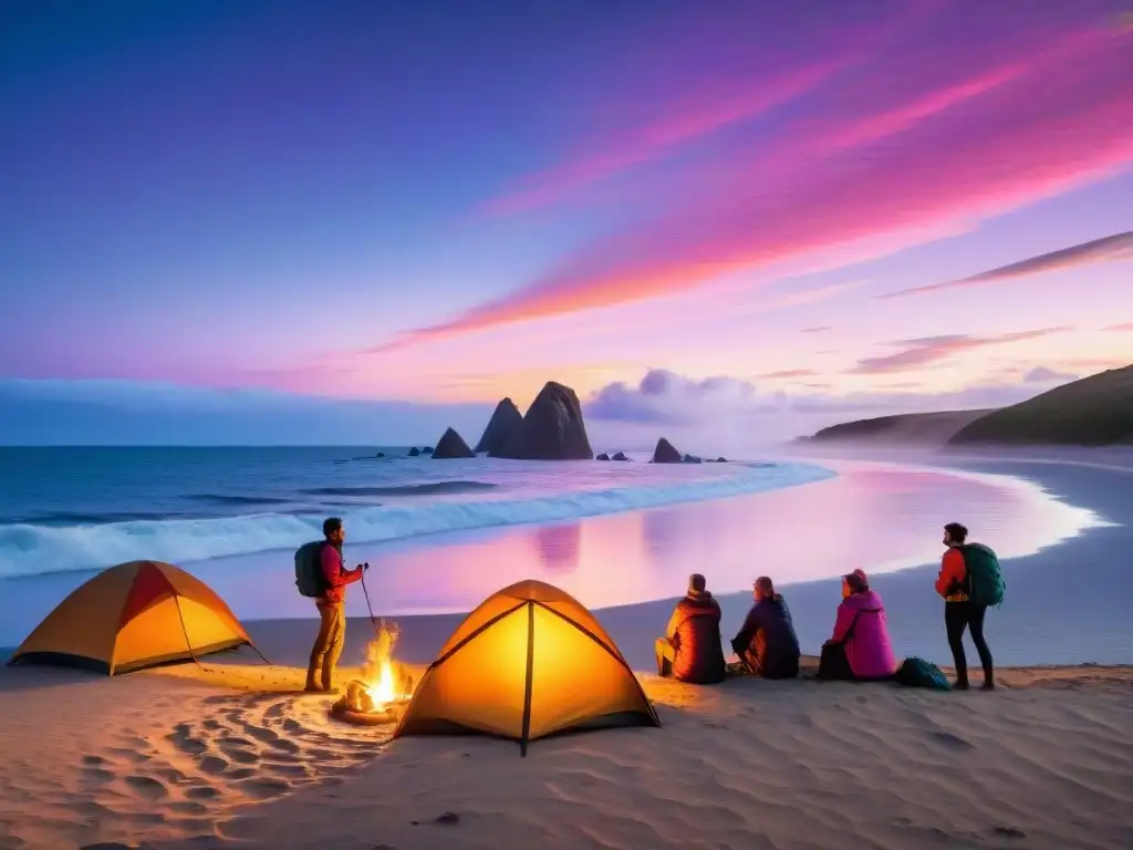 Campamento al atardecer en la costa de Uruguay Un espectacular atardecer en la costa de Uruguay, con viajeros acampando y disfrutando de la naturaleza y la compañía