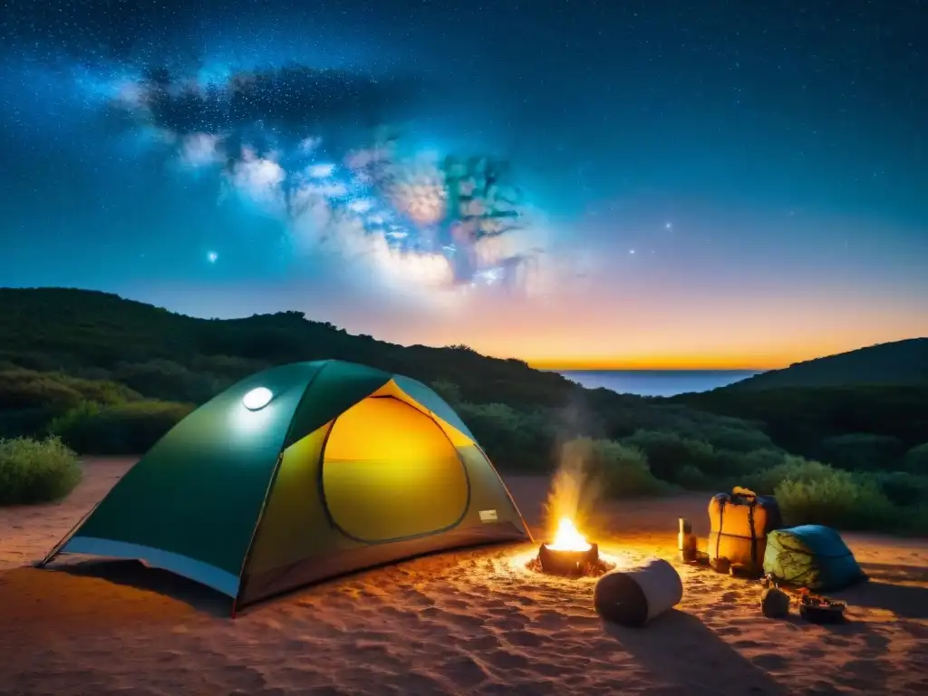 Campamento estelar en Uruguay: tienda iluminada y la Vía Láctea Espectacular campamento en Uruguay con el mejor saco de dormir, bajo un cielo estrellado y la Vía Láctea