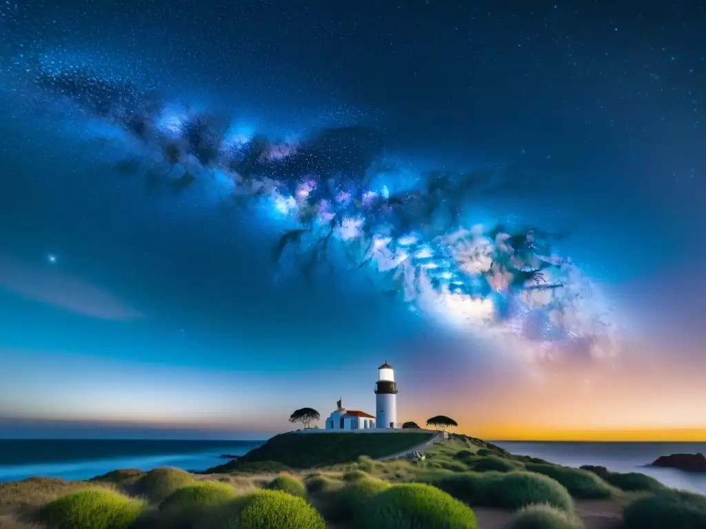 Espectacular vista nocturna de Uruguay: la Vía Láctea sobre iconos uruguayos Espectacular imagen nocturna del cielo sobre Uruguay, destacando la Vía Láctea y los mejores lugares para observar el cielo en Uruguay
