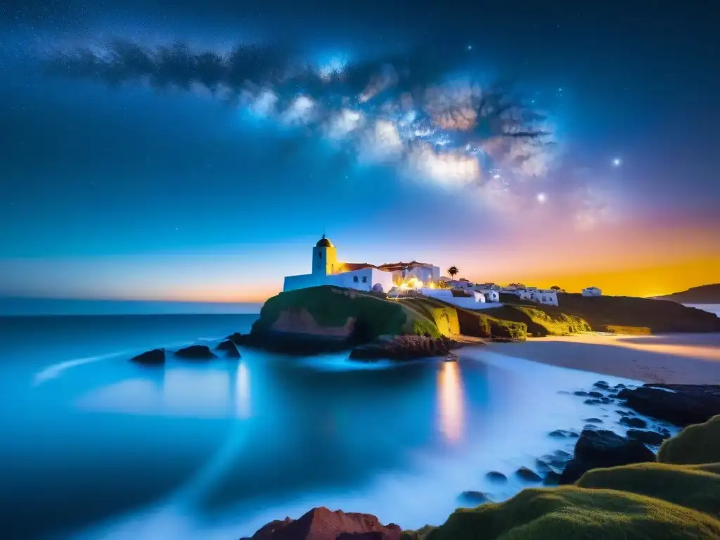 Arquitectura celestial: Casapueblo en la noche estrellada de Uruguay Espectacular fotografía nocturna en Uruguay de Casapueblo iluminada bajo el cielo estrellado