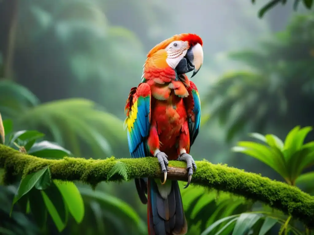 Esplendor tropical: Guacamayo escarlata bajo la puesta de sol Espectacular guacamayo escarlata en rama, plumaje vibrante iluminado por el sol poniente sobre la exuberante selva