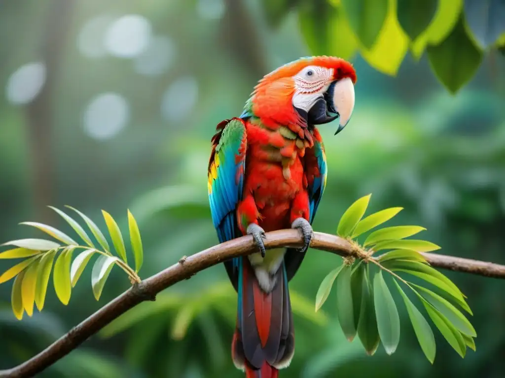 Esplendor escarlata: Macao en la selva de Uruguay Espléndido guacamayo escarlata en un árbol verde exuberante, en senderos observación aves Uruguay