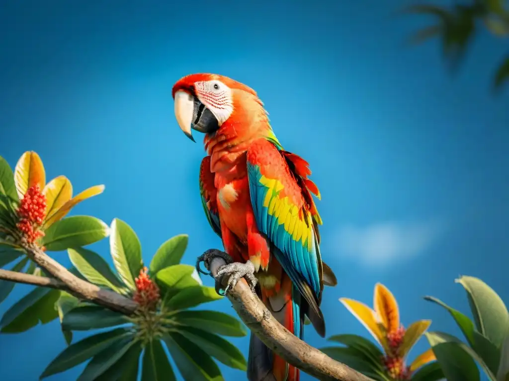 Esplendor de la Guacamaya Escarlata en su Hábitat Natural Espléndido Guacamayo Escarlata en rama verde, plumaje colorido y mirada intensa bajo cielo azul