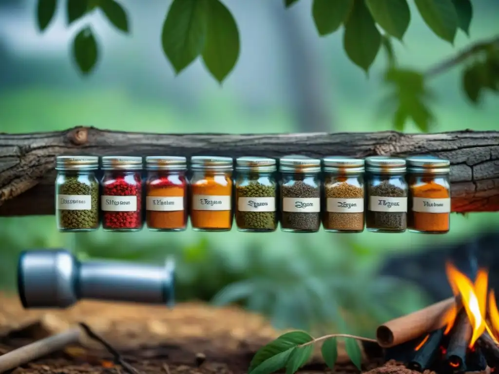 Esencia culinaria al aire libre: especias en la naturaleza Un estante de especias rústico colgando de una rama, con variedad de tarros coloridos y etiquetados