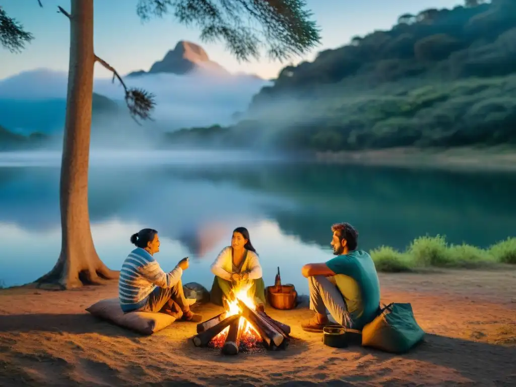 Encuentro familiar en camping uruguayo al atardecer Estilo de vida familiar camping Uruguay: Familia uruguaya multigeneracional alrededor de fogata en campamento verde al atardecer