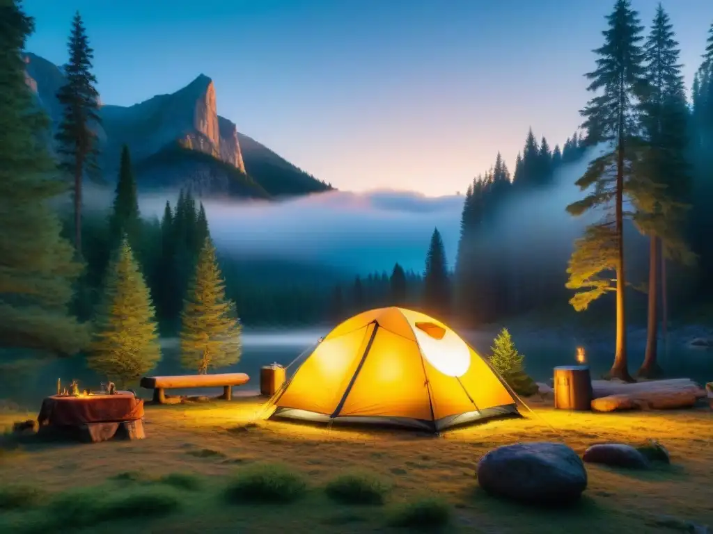 Campamento nocturno entre árboles: paz y aventura Acampando bajo las estrellas en un bosque tranquilo con la tienda iluminada desde adentro