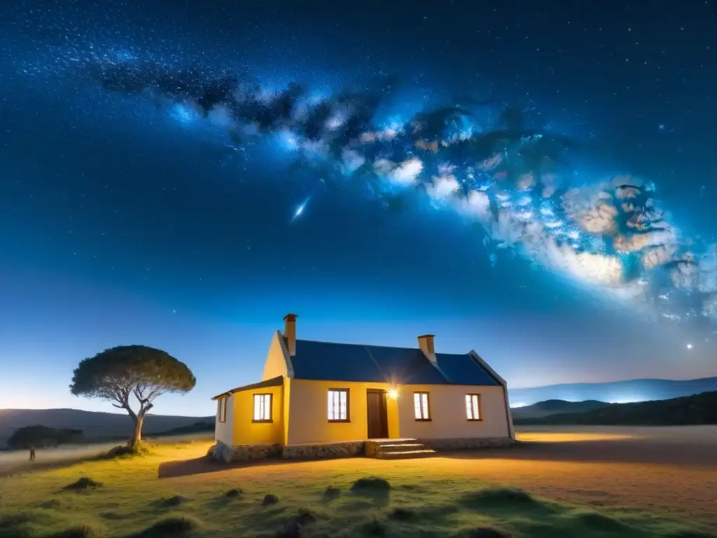 Noche estrellada sobre Uruguay: casa rural y constelaciones Observar estrellas en el cielo de Uruguay con la majestuosa Vía Láctea y constelaciones como Orión y la Cruz del Sur sobre una casa de campo uruguaya