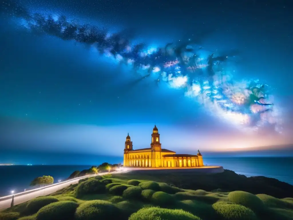 Galaxia sobre Palacio Salvo: noche estrellada en Montevideo Observar estrellas en el cielo de Uruguay mientras la Vía Láctea brilla sobre el Palacio Salvo