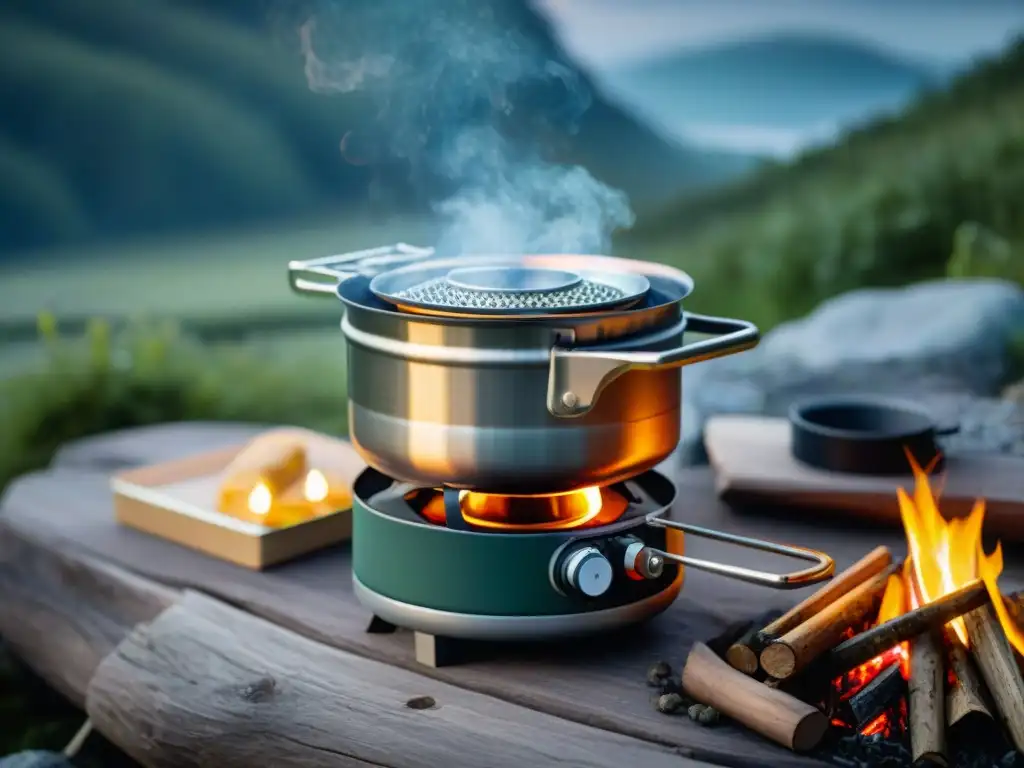 Hornillo de camping ecológico hecho con materiales reciclados Una estufa de camping portátil hecha de materiales reciclados, emitiendo un cálido brillo bajo un cielo estrellado en el bosque