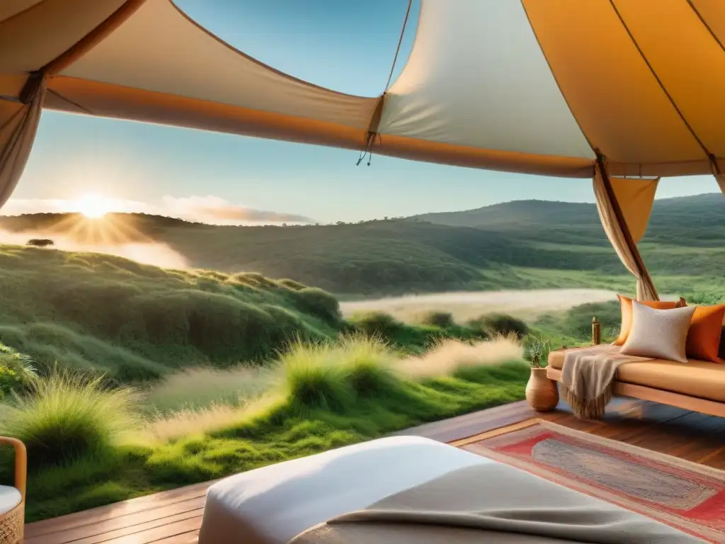 Glamping eco sostenible en Uruguay: lujo en armonía con la naturaleza Un exclusivo glamping ecológico en Uruguay: carpa sostenible entre naturaleza exuberante, arroyo y atardecer dorado