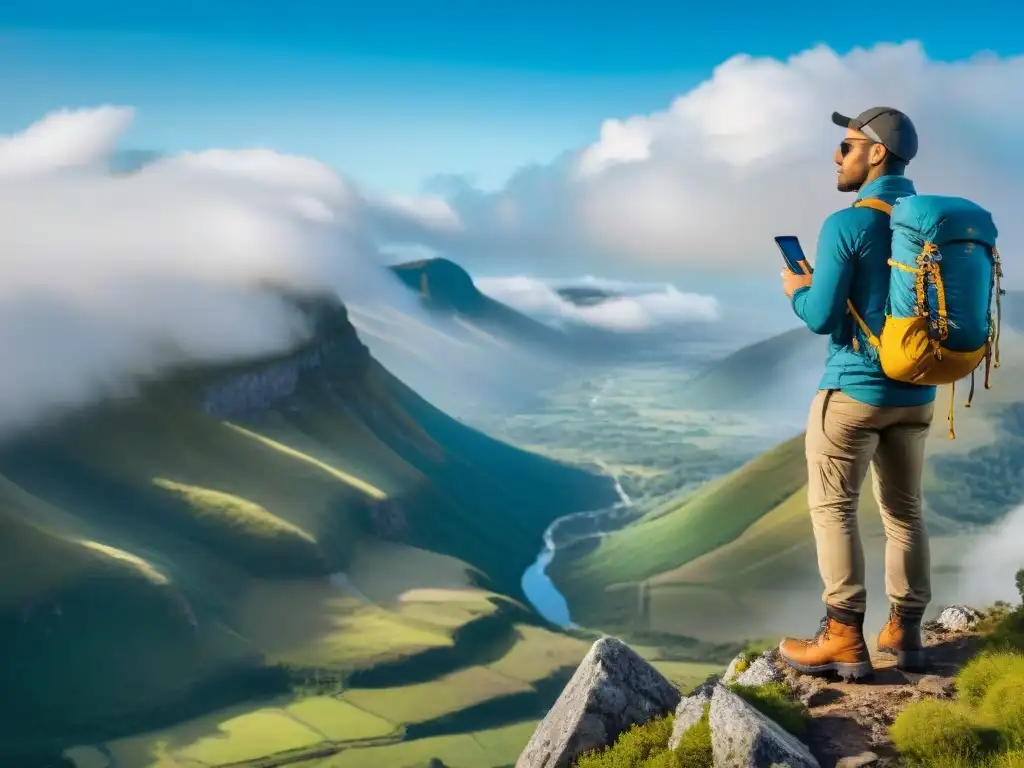 Explorador en acantilado con GPS, mirada decidida Un excursionista con determinación en un acantilado rocoso, mirando un valle verde con un GPS en la mano