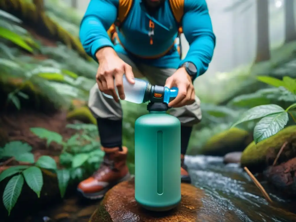 Purificación de agua en bosque: hiker usando filtro portátil Un excursionista purifica agua en un hermoso bosque usando un filtro portátil