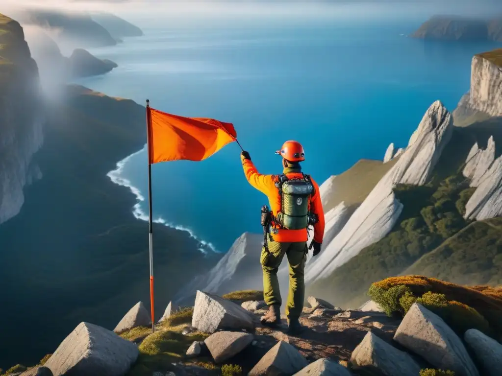 Rescate urgente: Hiker en apuros agita bandera naranja en acantilado rocoso Un excursionista angustiado ondea una bandera de emergencia naranja en un acantilado rocoso
