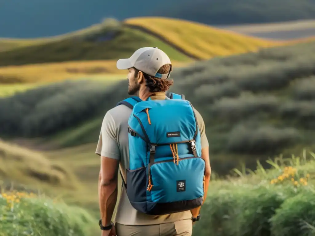 Explorador en Uruguay con mochila técnica de última generación Un excursionista recorriendo la exuberante naturaleza de Uruguay con una mochila técnica de diseño innovador