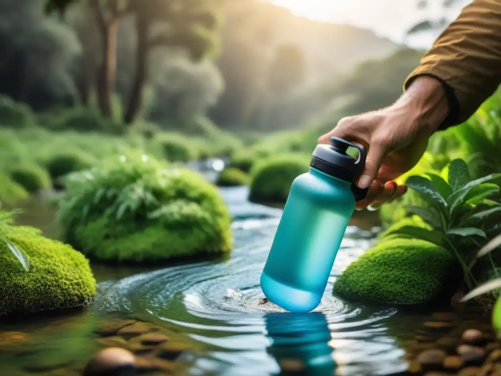 Paisaje natural: hiker purifica agua cristalina en arroyo de Uruguay Un excursionista llena su botella de agua en un arroyo cristalino en Uruguay