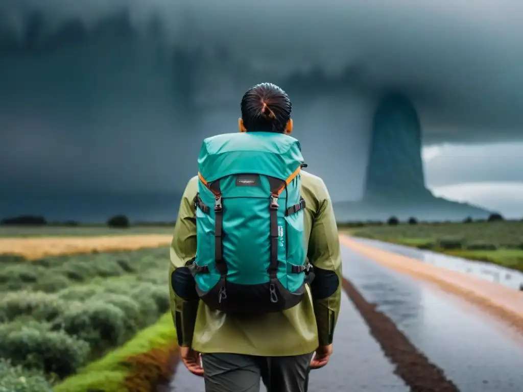 Un excursionista en Uruguay bajo la lluvia con una mochila técnica impermeable destacando su durabilidad