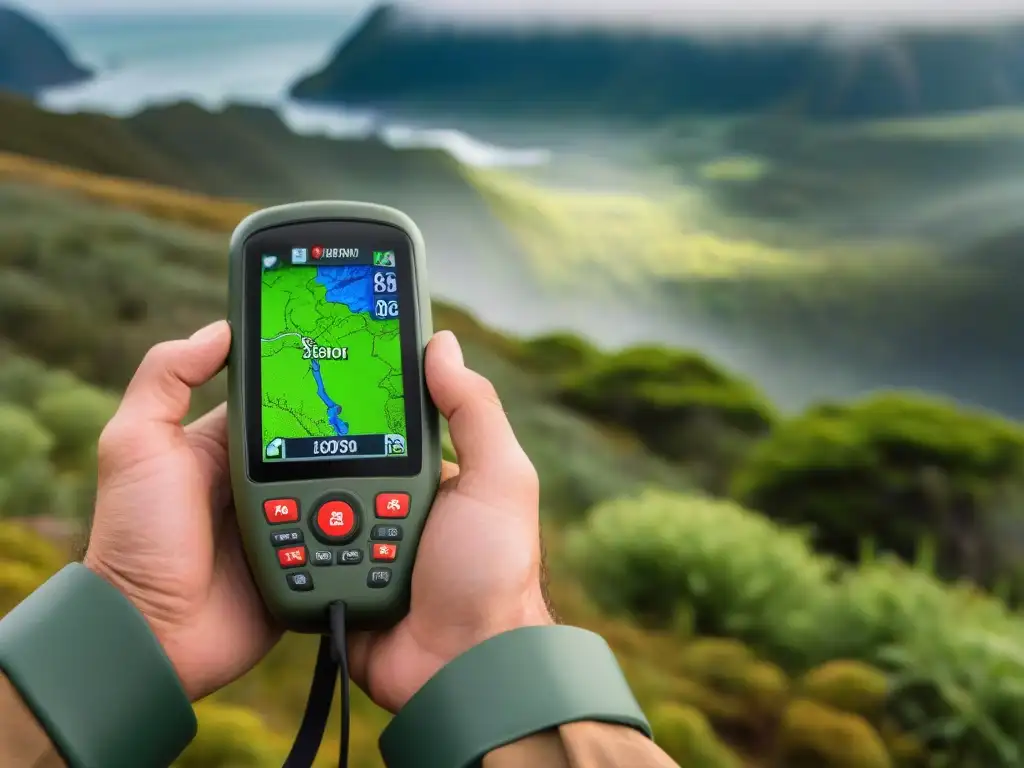 Exploración segura: Hiker con GPS en paisaje desafiante de Uruguay Un excursionista usa uno de los mejores gadgets de orientación para camping en Uruguay, mostrando determinación y enfoque